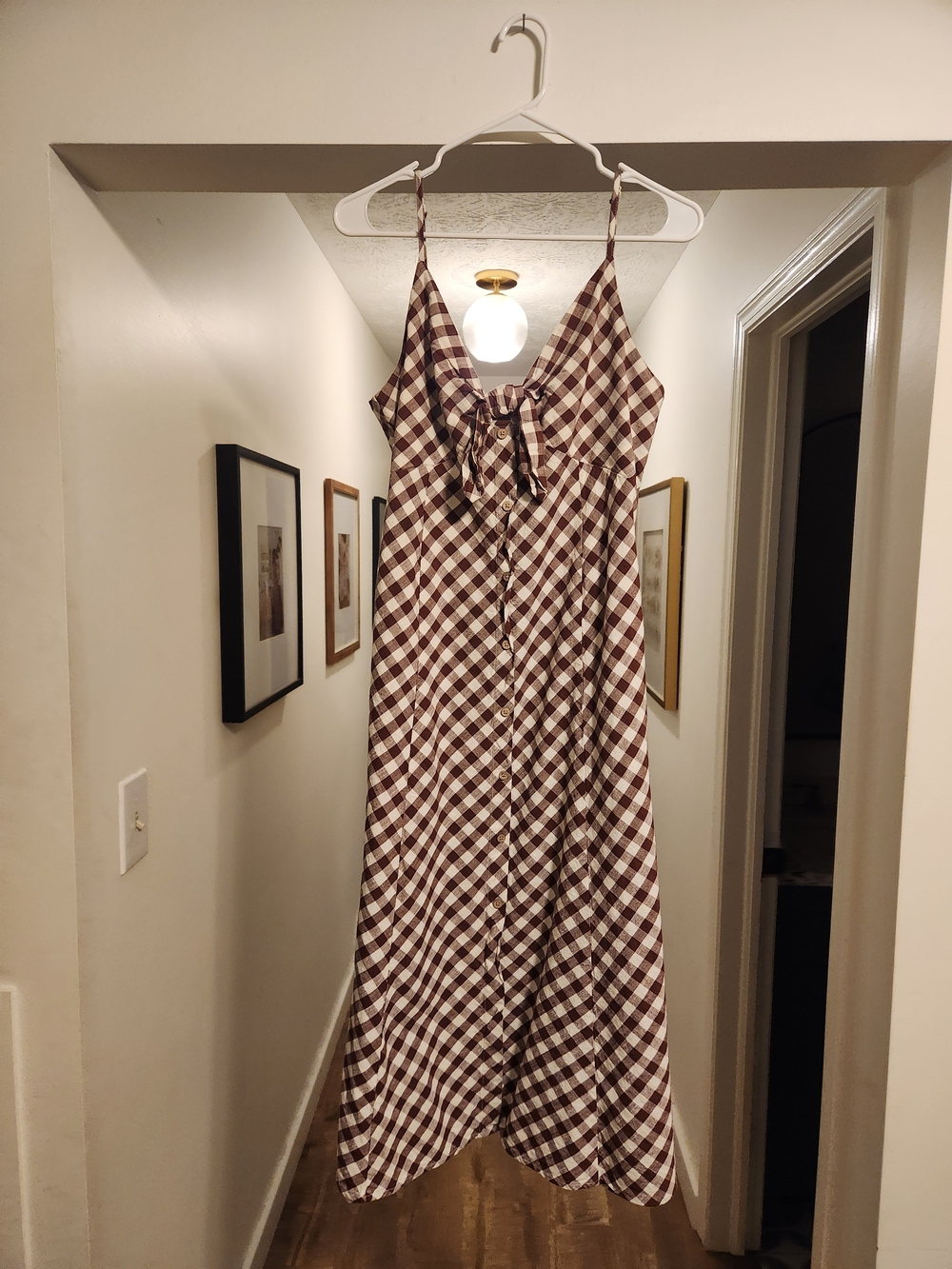 A New Day Brown and White Gingham Tie-Front Midi Dress